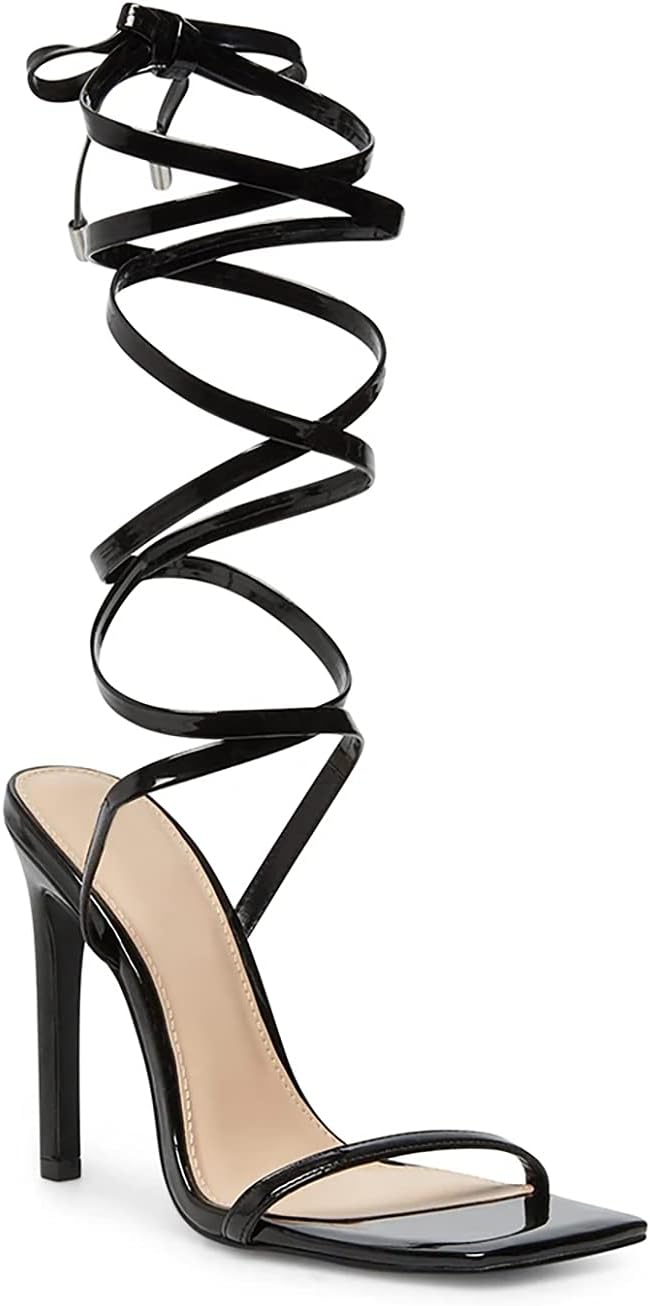Ermonn Womens Strappy Lace Up Square Open Toe Stiletto Heeled Sandals
