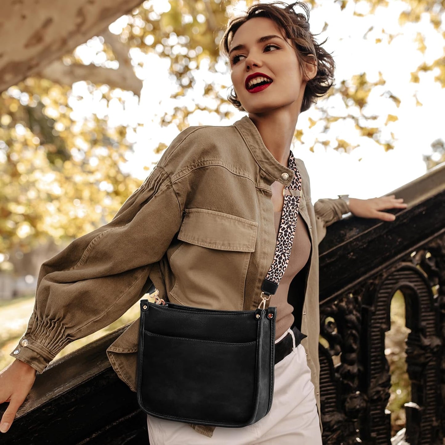 Women's Crossbody Shoulder Bag with Leopard Guitar Strap