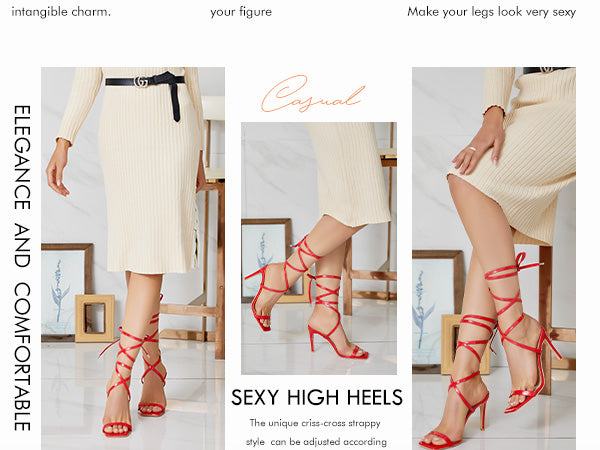 Ermonn Womens Strappy Lace Up Square Open Toe Stiletto Heeled Sandals