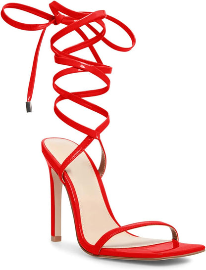 Ermonn Womens Strappy Lace Up Square Open Toe Stiletto Heeled Sandals