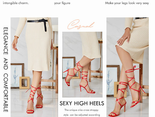 Ermonn Womens Strappy Lace Up Square Open Toe Stiletto Heeled Sandals
